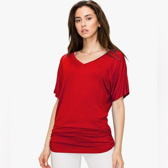 Women's Solid Short Sleeve Boat Neck V Neck Dolman Top with Side Shirring - Picture 4 of 5